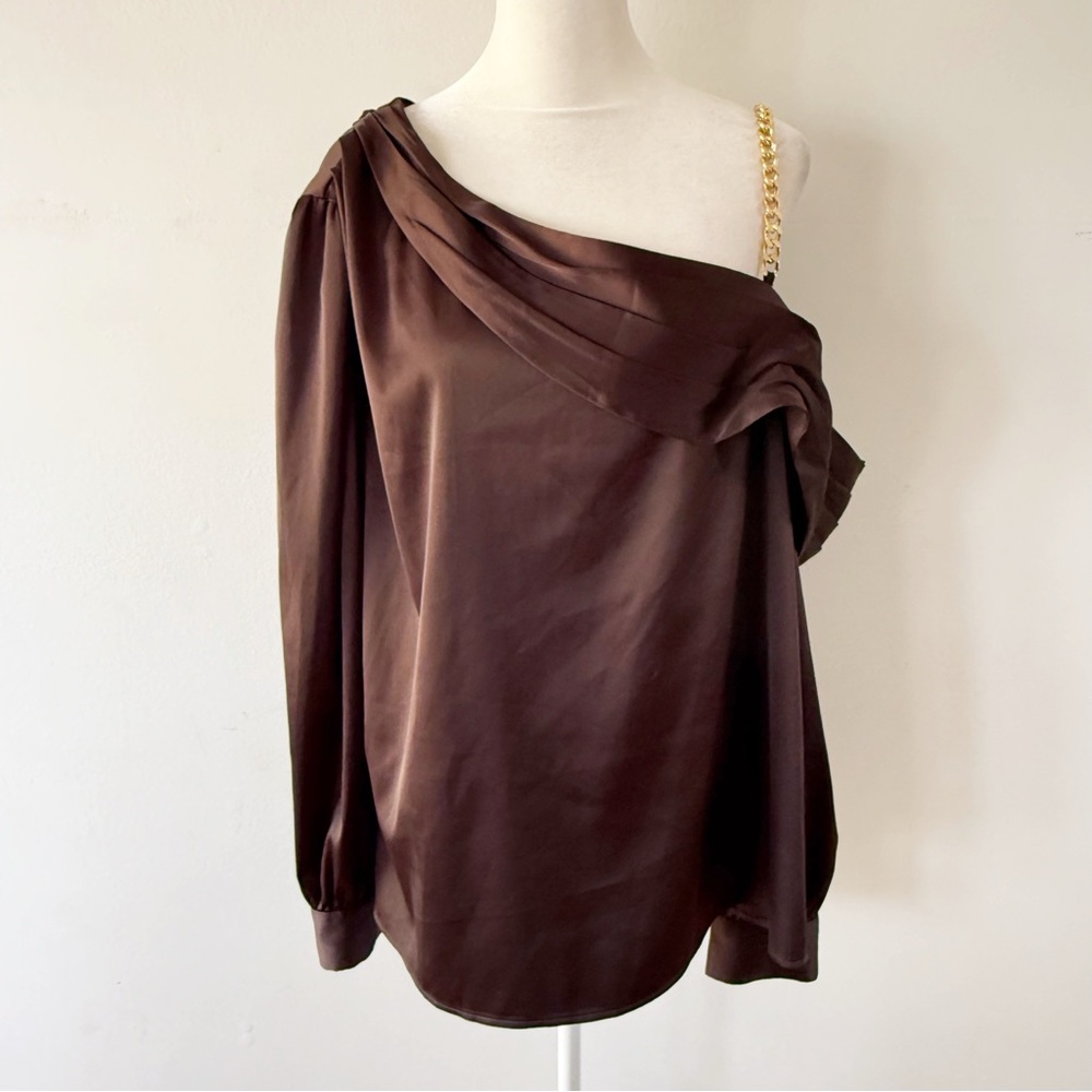 INC Women Satin Gold Chain Off Shoulder Top XXL Chocolate Brown Glam Retro 90s